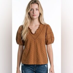 bohme Rust Eyelet V-Neck Puff Sleeve Top